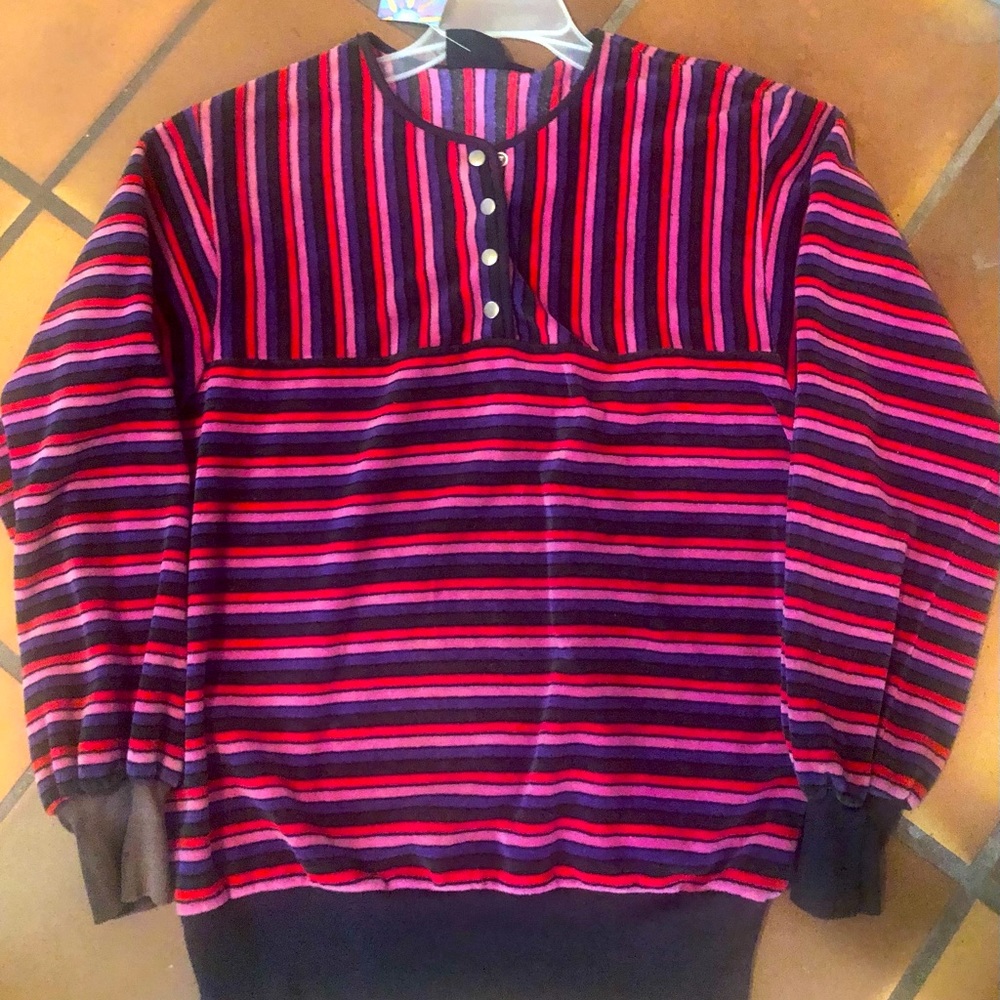 Early 80s Vintage Velourish Striped top w/snap closure.